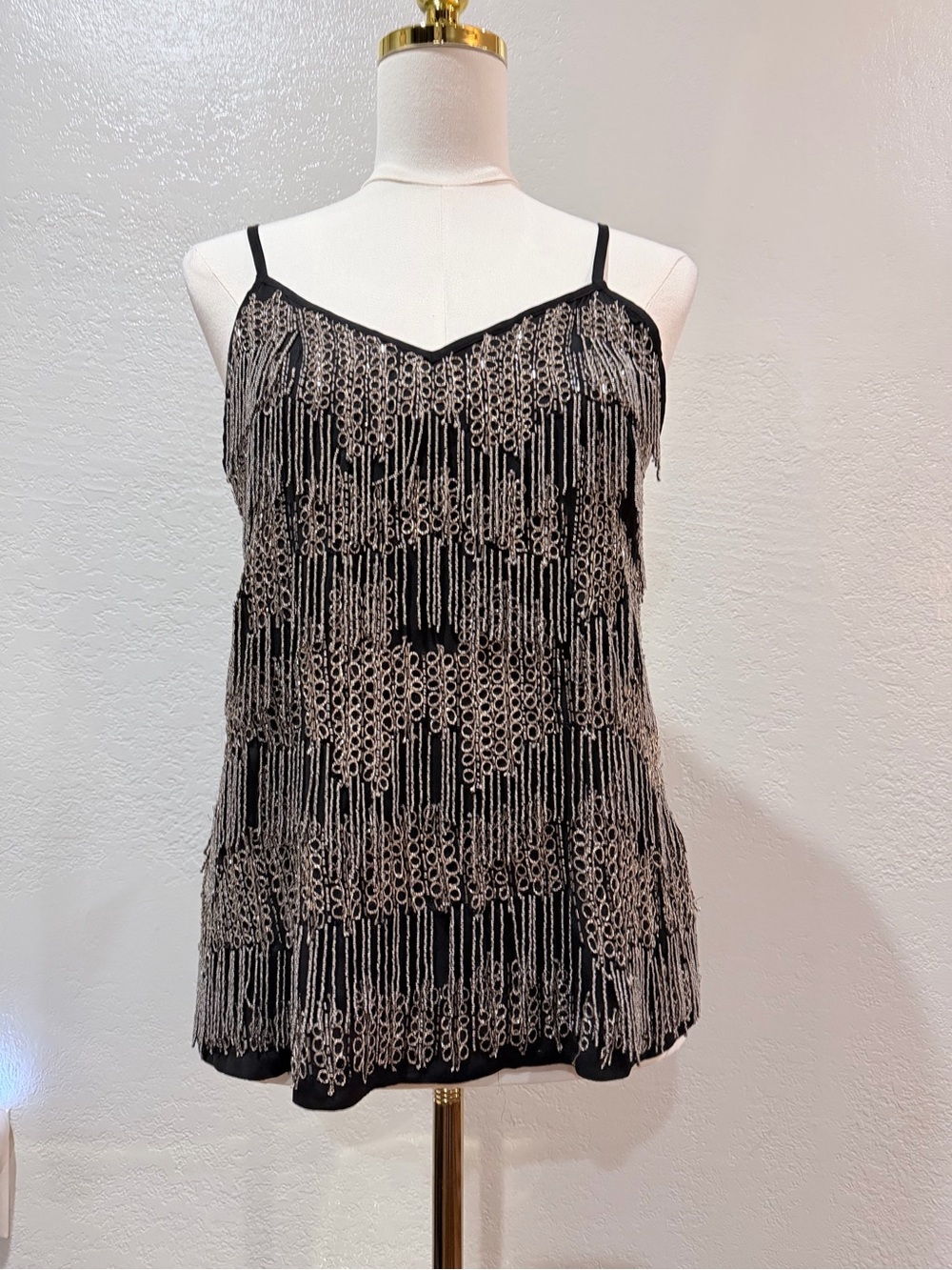 Haute Hippie Heavily Beaded Fringe Spaghetti Strap Tank Top - Black/Silver NWT S